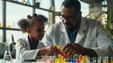 Fototapeta  - Science, study, and a child with her father in the lab testing sweets. Biology, confectionery, and girl student working with dad in pharmaceutical lab.