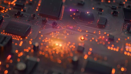 Wall Mural - This photo shows a detailed close-up of a computer circuit board, featuring microchips, capacitors, and connectors, The inside workings of a modem with lights flickering