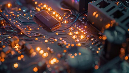 Poster - a detailed view of a circuit board showcasing numerous brightly lit indicators and lights, the insid