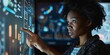 © LukaszDesign - Computer, hologram, and office woman with research or cyber networking interface. Technology, overlay, and female staff member using futuristic fintech at night.