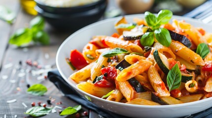 Wall Mural - Close-up bowl pasta vegetables herbs flavor delicious healthy