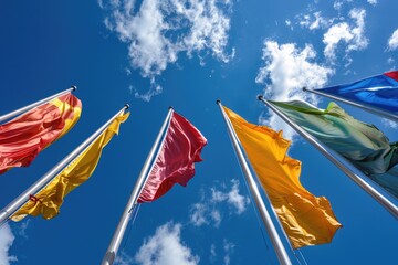 Colourful Flags of Europe. Lot of Global Flags on Flag Poles in Heaven