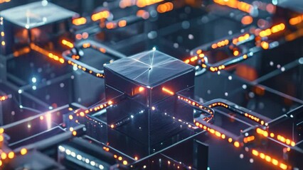 Poster - an video showcasing an abstract cube with glowing lights against a dark background, two blocks conne