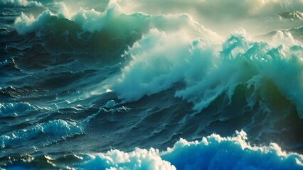 Wall Mural - A powerful wave crashes against the rugged rocks along the shoreline, depicting the raw beauty and force of the ocean, Unsettled, choppy ocean waves in an unrestful sea