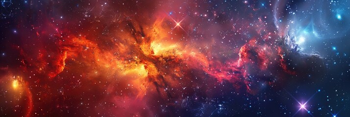Cosmic Universe Banner with Stars, Nebulae and Galaxies in Color Space Background 
