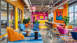  A creative office space with colorful accents, eclectic furniture, and inspirational artwork, fostering innovation and collaboration in a dynamic and energetic atmosphere, against a backdrop of vibra