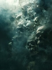 Wall Mural - Ominous Skulls Drifting in a FogFilled Void A Gothic Horror Film Inspired Scene