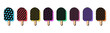 Isolated retro black  popsicle icon set, vector stickers. Fruit ice cream, frozen juice with stick, summer lollipop bar. Textured 3D popsicle set, retro design elements for ads and pop party