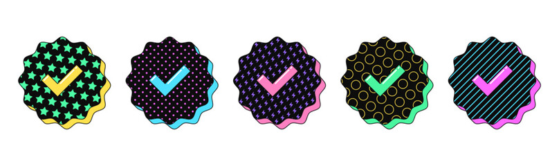 Poster - Isolated retro black Verified badge icon set, vector stickers. Blue tick checkmark tag, verified user, certified and original account. Textured Verification mark set, retro design elements for ads