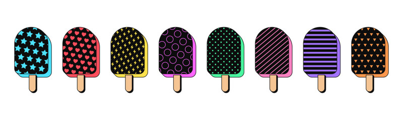 Sticker - Isolated retro black  popsicle icon set, vector stickers. Fruit ice cream, frozen juice with stick, summer lollipop bar. Textured 3D popsicle set, retro design elements for ads and pop party