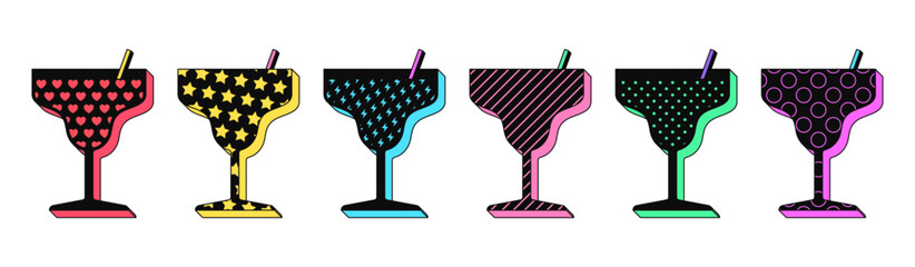 Poster - Isolated retro black cocktail icon set, vector stickers. Cocktail party, pattern glasses with juice or alcohol drink, summer bar. Textured 3D cocktail set, retro design elements for ads and pop party