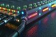 Detailed view of a network cable connected to a router, vibrant LED indicators