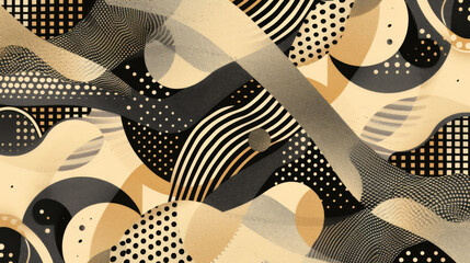 Poster - Seamless design featuring waves, dots, and geometric elements in a beige and black palette