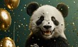 Adorable Panda Celebration: Close-Up Portrait with Golden Birthday Balloons