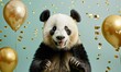 Adorable Panda Celebration: Close-Up Portrait with Golden Birthday Balloons
