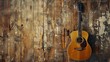 Rustic Acoustic Guitar on Weathered Wood Grain Backdrop with Warm Earthy Ambiance