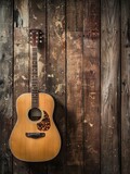 Fototapeta Zwierzęta - Rustic Acoustic Guitar on Weathered Wooden Wallpaper with Ample Copy Space for Backdrop or Design Elements