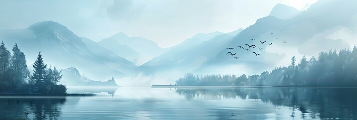 Canvas Print - Serene and Tranquil Landscape with Misty Mountains and Reflective Lake in Mystical Wilderness Setting