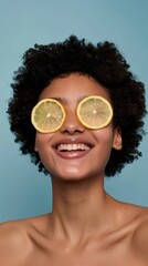 Wall Mural - Happy woman, skincare portrait, lemon for vitamin C, makeup, and natural facial products. Studio portrait of young person or model with eye dermatology fruits on blue background.