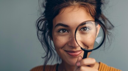 Happy, headshot, and black woman with magnifying glass in studio for study. Happiness, grin, and zoom photograph of a young African girl model on a gray background.