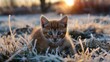 Small kitten in grass on a chilly day