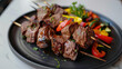 Georgian shashlik skewers with succulent grilled vegetables, artfully arranged on a sleek black plate and adorned with fragrant herbs