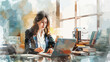 Europäische Business Frau Anwältin Arbeitsplatz Fachkraft Office Laptop Arbeiten Recherchieren Schreibtisch Büro Wasserfarben Vektor
