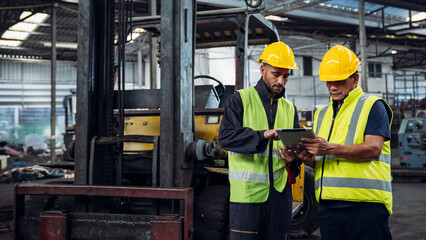 Two men in safety gear are looking at a tablet