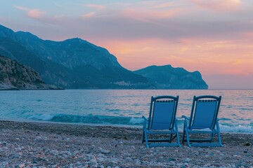 Two blue chairs on the beach, sunset, sea and mountain background,