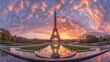 © Image - A panoramic view of the Eiffel Tower at sunrise, with pastel pink and orange clouds in the sky, reflecting on water below.