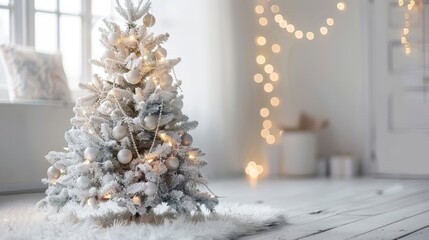 A festive Christmas tree adorned in white on a white surface