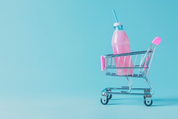 A shopping cart with a pink drink bottle and blue straw on a summery blue background