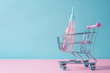 A shopping cart with a pink drink bottle and blue straw on a summery blue background