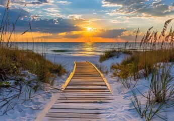 Canvas Print - Beachside Bliss: Long Boardwalk Path to Ocean Water and White Sand at Sunset