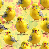 Fototapeta Kwiaty - vibrant yellow budgerigars on a spring-inspired backdrop