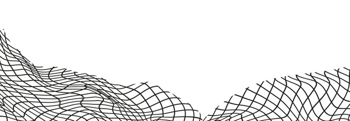Illustration of a black fishing or football net.Checkered wavy background in doodle style.