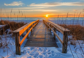 Canvas Print - Sunset Serenity: Long Boardwalk Leading to White Sand Beach and Ocean