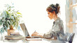 Frau Arbeitsplatz Laptop Home Office Lernen Student Business Vektor Wasserfarben