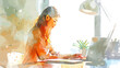 Frau Home Office Mädchen Laptop Arbeitsplatz Lernen Arbeiten Student Business Vektor Wasserfarben
