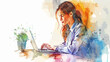 Frau Home Office Mädchen Studieren Laptop Arbeitsplatz Lernen Arbeiten Student Business Vektor Wasserfarben