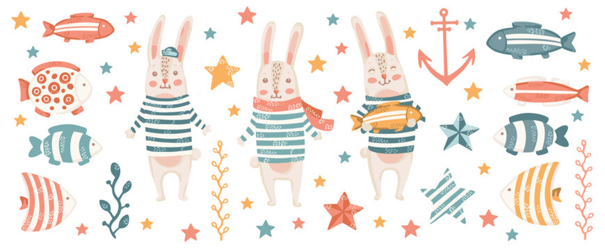 Cute baby rabbits hares sailor in a striped vest with cartoon fishes on the sea and nautical. Vector watercolor illustration. Set with animals for kids collection, postcards, nursery decoration.Set 1