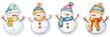 Set of snowman stickers and decals for Christmas decorations and holiday clipart isolated on white background.