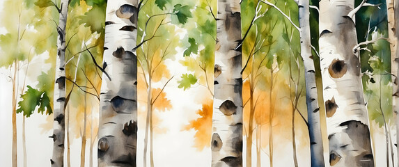 Wall Mural - A serene watercolor painting showcasing birch trees with green and orange foliage in a tranquil forest