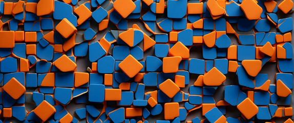 An intricate pattern of overlapping blue and orange 3D shapes creating an abstract geometric composition