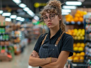 Wall Mural - A woman with glasses standing in a grocery store aisle. AI.