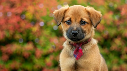 Wall Mural - A small brown dog wearing a red tie sitting in front of bushes. AI.