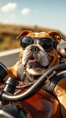 Wall Mural - A bulldog wearing sunglasses riding on a motorcycle with his owner. AI.