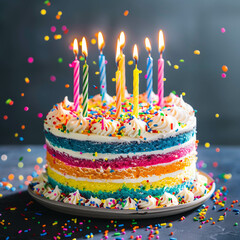 Wall Mural - A vibrant, multi-layered birthday cake adorned with sprinkles and candles, captured in a bright and celebratory style. Ai generated