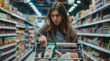 Wall Mural - A woman in casual attire deliberating between products on a supermarket shelf. Ai generated