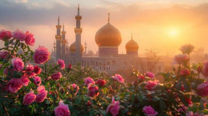 A serene sunrise over the sacred mosque of Karbala, with pink roses in full bloom and golden domes glowing under soft morning light